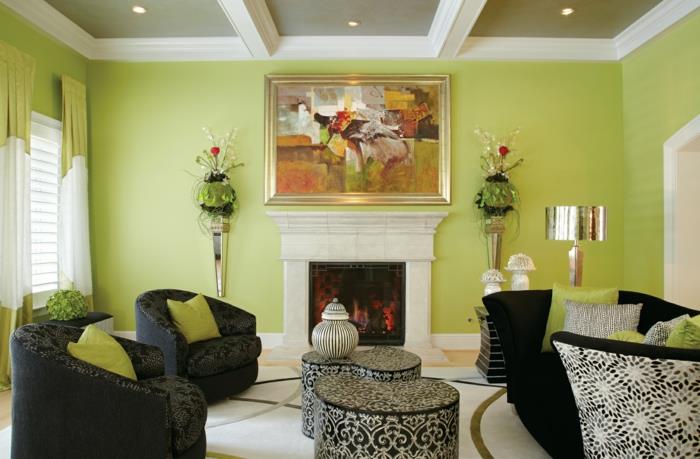 värilliset seinät olohuone vihreät seinät tummat huonekalut