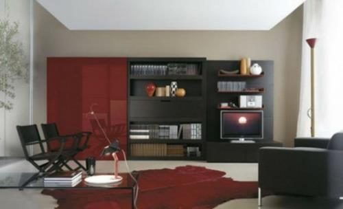 värikontrastit olohuoneen suunnitteluidea punainen musta beige