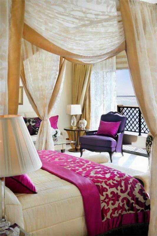 feng shui makuuhuoneen sisustusvärit violetti katosvuodeverhoideoita