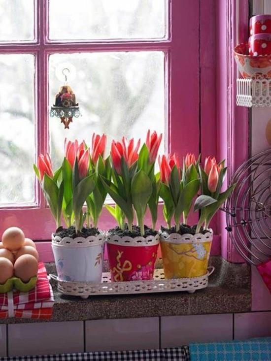 ikkunalaudan sisustusideoita tulppaaneilla