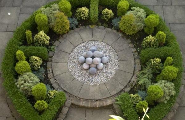 muodolliset puutarhan suunnitteluideat ikivihreät kasvit kivipallot