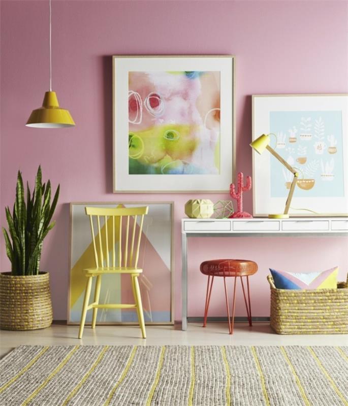 kevään koristelu väreillä keltainen tuoli riippuva lamppu pöytävalaisin