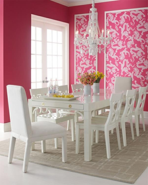 kevätkoristeet ruokasalissa vaaleanpunaiset seinät