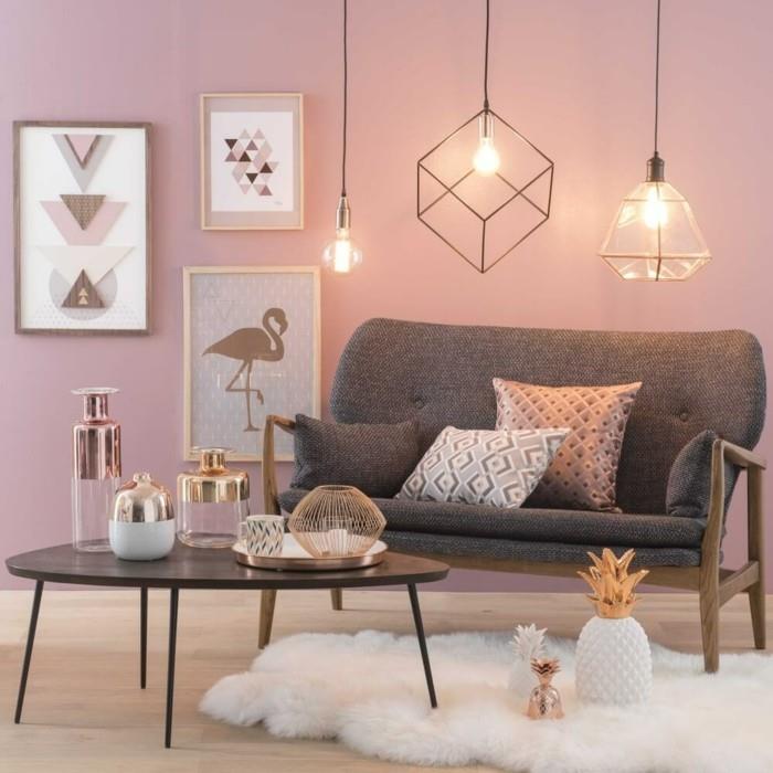 kevään värit pehmeä vaaleanpunainen ideoita olohuone valkoinen matto tyylikäs