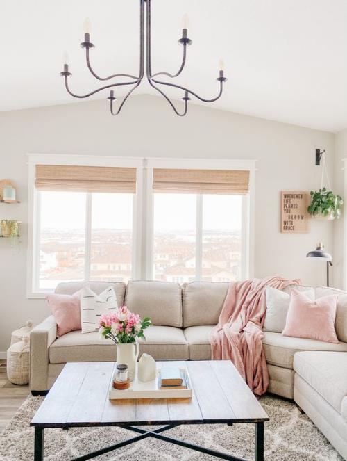 Kevään kaltaisia ​​sisustusideoita olohuoneeseen Beige hallitsee sohvan maton seinän väriä, pieniä vaaleanpunaisia ​​aksentteja, kukkia, tyynyjä, peittoa