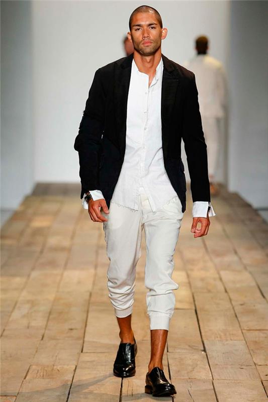 kevätasu miesten muoti miesten muoti kevät 2016 tyylikäs bleiseri mustat nahkakengät valkoiset housut