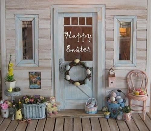hyvää pääsiäistä pääsiäinen seppele pääsiäismunat kevään kukat tuoli puu veranta