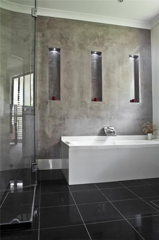 saumaton kylpyhuone kaunis seinäsuunnittelu mustat lattialaatat valkoinen kylpyamme