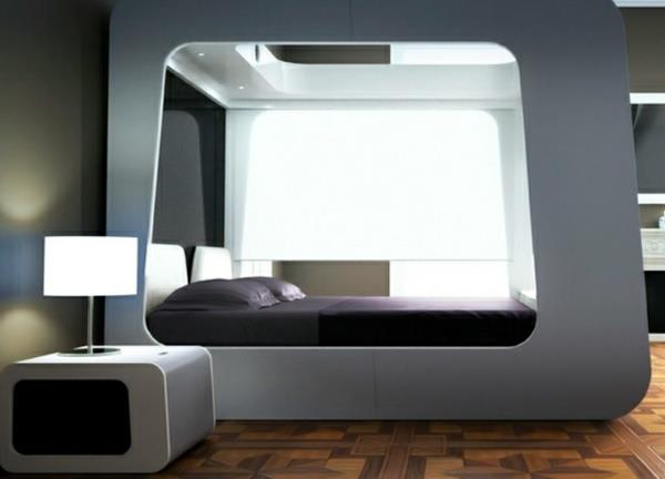 futuristinen makuuhuone munakoisoväriset vuodevaatteet