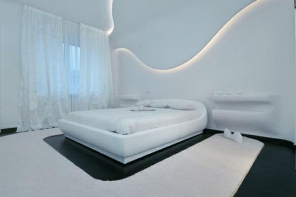futuristiset makuuhuoneen kaarevat hohtavat valkoiset
