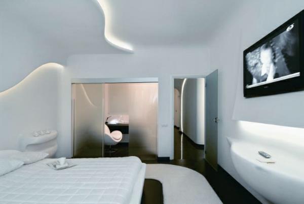 futuristinen makuuhuone suunnittelee himmeää lasiseinää