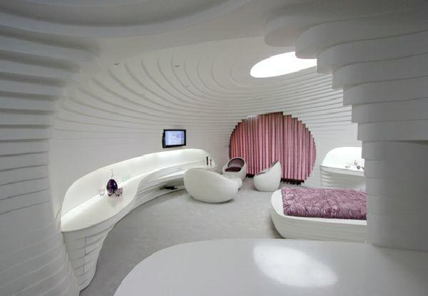 futuristinen makuuhuone suunnittelee etanan muotoisia vaaleanpunaisia ​​aksentteja