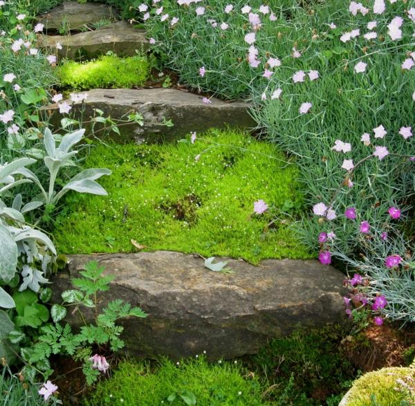 Luo puutarha rinteeseen puutarhakasvit kivipuutarhaportaat nurmikko