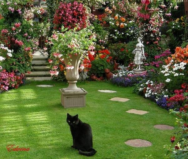 puutarhan suunnitteluideat nurmikon betonilaatat kissa kasvit veistos
