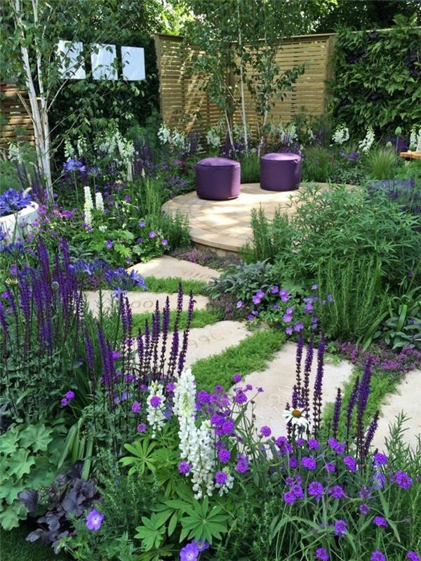 puutarhaideoita puutarhan muotoja kivillä ja violetilla aksentilla