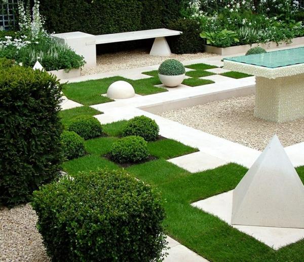 puutarhaideat puutarhan suunnittelu geometriset kuviot vihreä ruoho pyramidit boxwood
