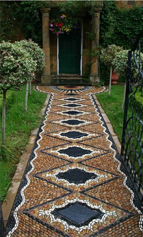 puutarha design kivi mosaiikki rauta -aita ovi talo