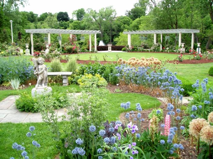puutarha suunnittelu puutarhaideoita kesäkukkia enkeli patsas pergola puisto