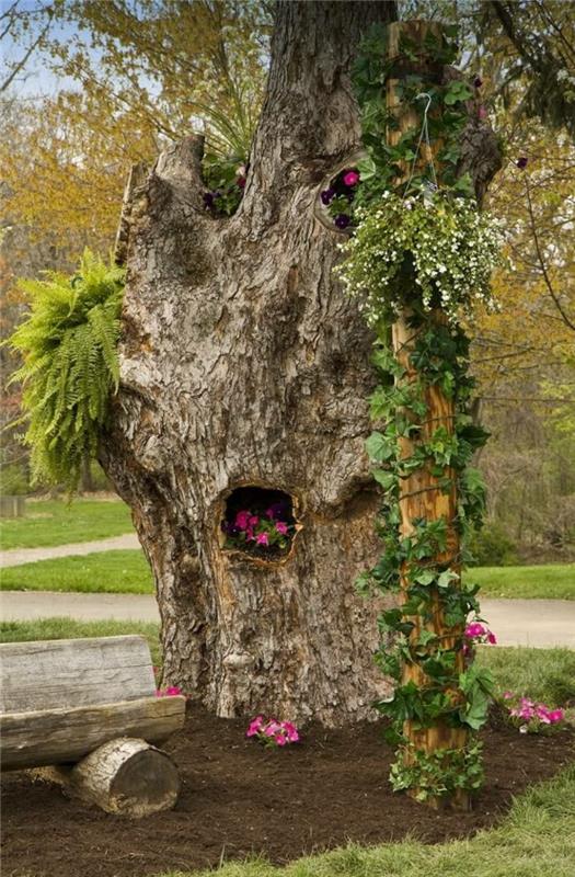puutarhan suunnitteluideoita vanha puunrunko viileäksi kasvisäiliöksi