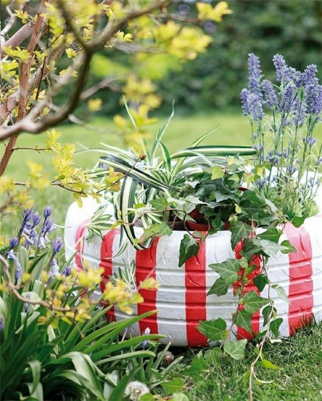 puutarhan suunnitteluideoita diy kukkaruukut maalata vanhat autonrenkaat muratti puutarhakasvit
