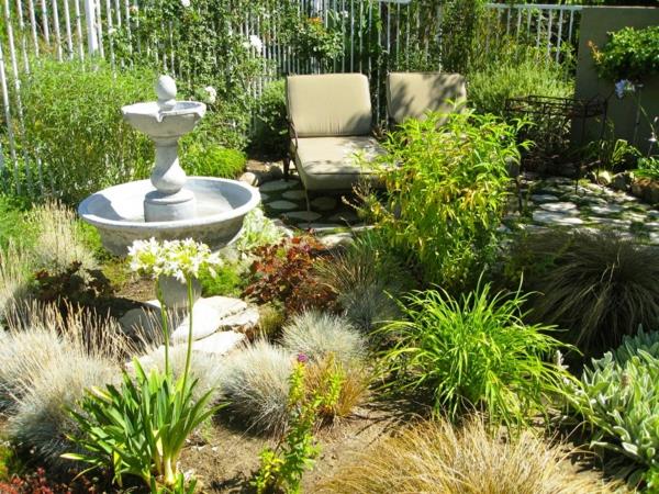 puutarhan suunnitteluideoita puutarhanhoito puutarhakalusteet makaa koristeellinen suihkulähde kesällä puutarhakasveja