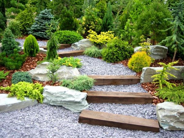 puutarhan suunnittelu portaat pikkukivet havupuut kivet