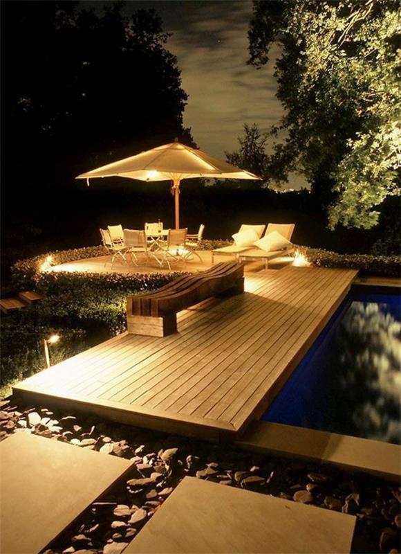 puutarhaideoita sateenvarjo pöytätuolit puutarhassa