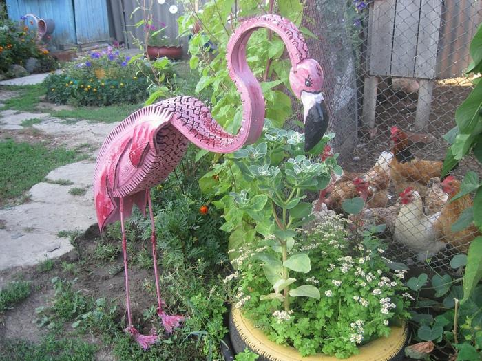 puutarhaideoita tehdä itsellesi vaaleanpunaisia ​​flamingo -autonrenkaita