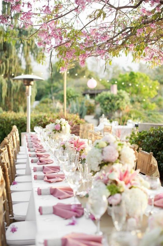 puutarhajuhla puutarhahäät, joissa on vaaleanpunaiset juhlapöydät