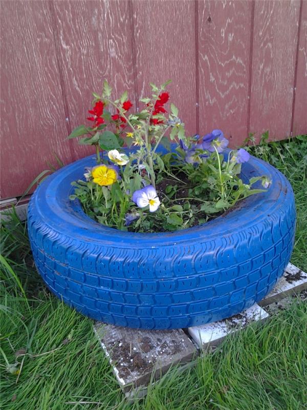 puutarhanhoitovinkit diy planter vanha autonrengas sininen