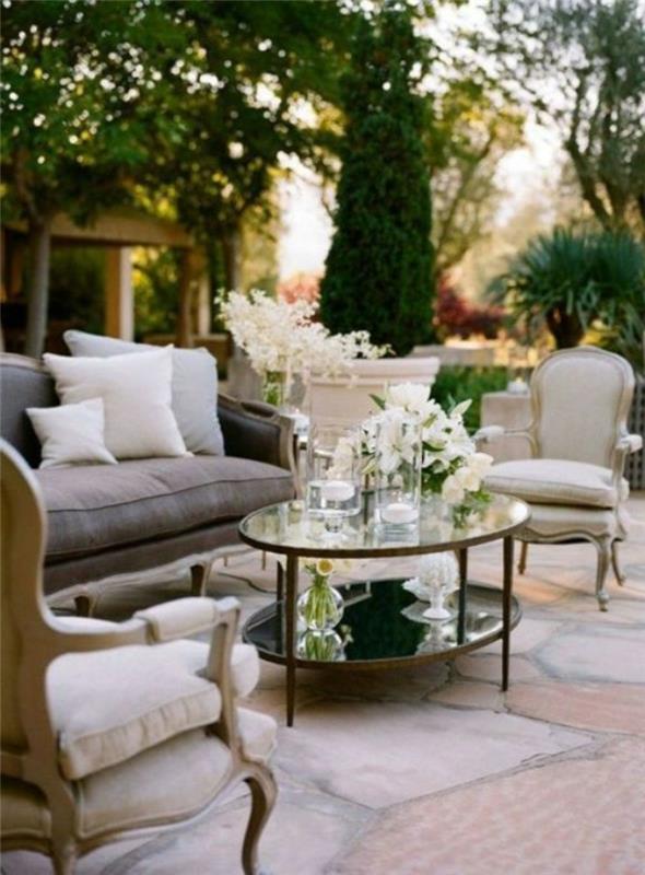 ideoita puutarhasuunnittelu puutarhapöytä soikea lasi nojatuoli puutarha sohva rentoutumisalue