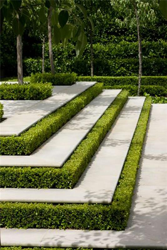 moderni puutarhasuunnittelu puutarhaportaat portaiden ulkopuolella yrtit vihreät portaat