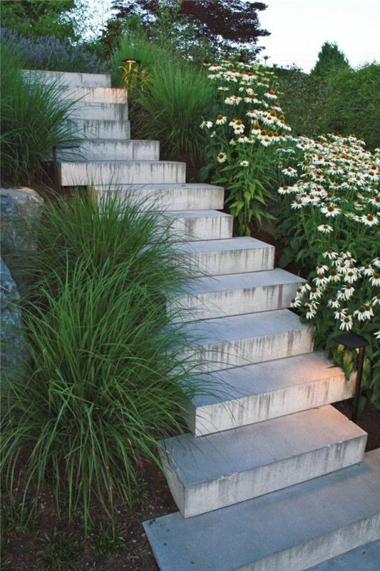moderni puutarhasuunnittelu puutarhaportaat portaiden ulkopuolella yrtit betonilohkoja