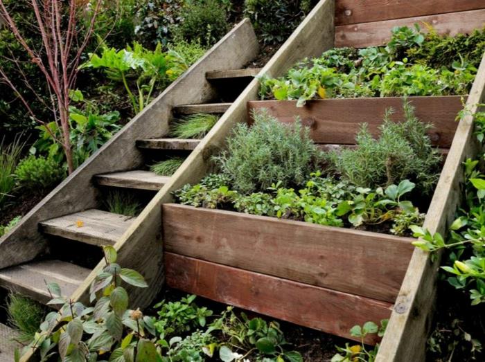 moderni puutarhasuunnittelu puutarhaportaat portaiden ulkopuolella yrtit