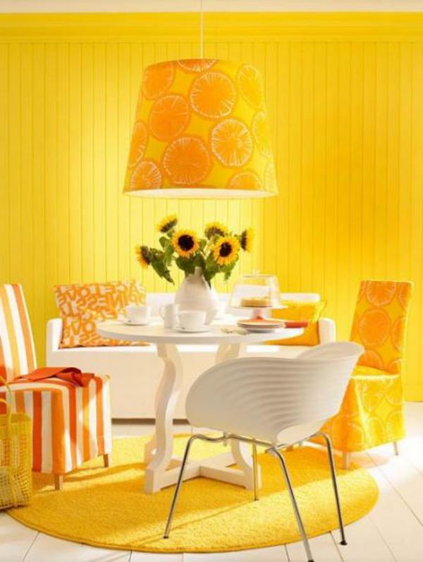 keltainen aksentti seinän värit ruokasalin lampunvarjostin eksoottinen