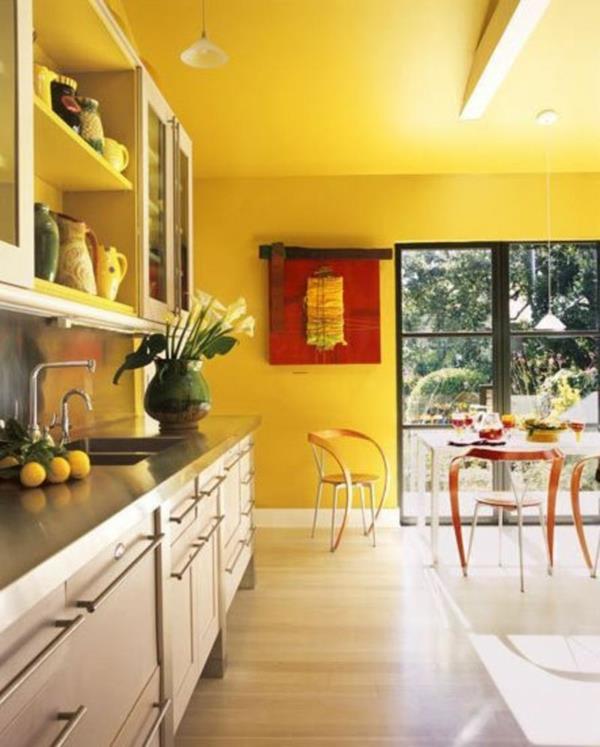 keltaiset seinät keittiö ruokasali suunnittelu kirkas kirkkaita vivahteita
