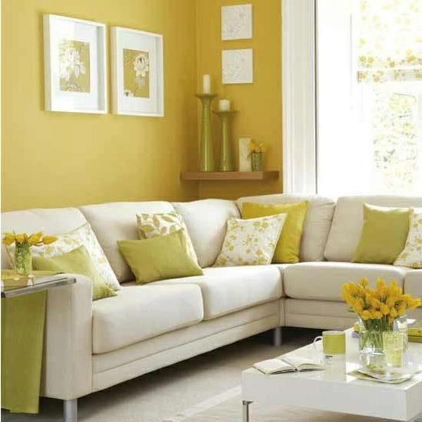 keltainen vihreä yhdistetty olohuoneen sohvatyynyt kauniit seinävärit olohuone