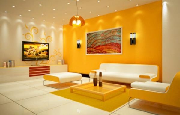 keltainen seinämaali ideoita seinän suunnittelu olohuoneen värisuunnittelu