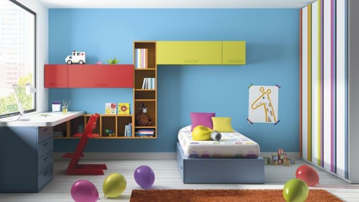 design lastenhuone sininen aksentti seinä ruskea matto punainen aksentti