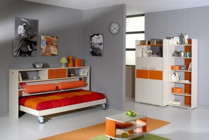 design lastenhuone pinnasängyn pyörät toiminnalliset lasten huonekalut oranssi aksentti