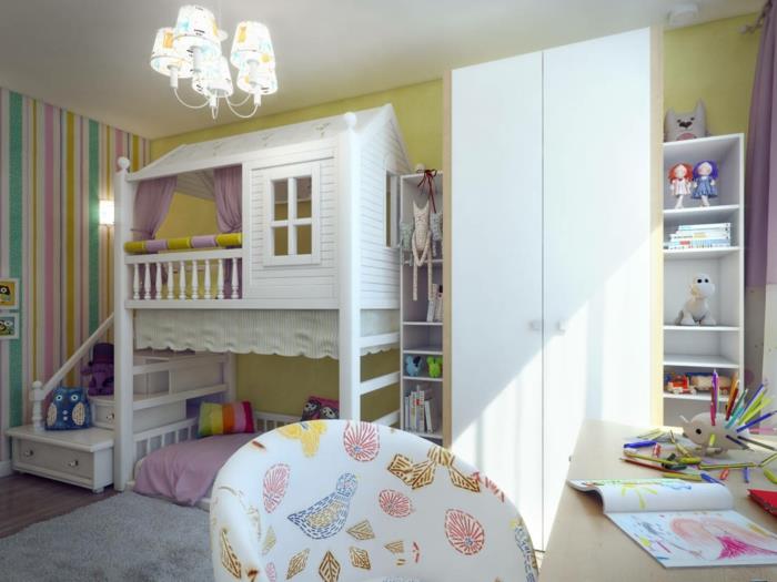 design lastenhuone violetti aksentti parvi sänky valkoinen vaatekaappi matto raita tapetti