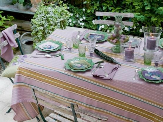 raidallinen pöytäliina violetti vihreä idea tuore puutarha