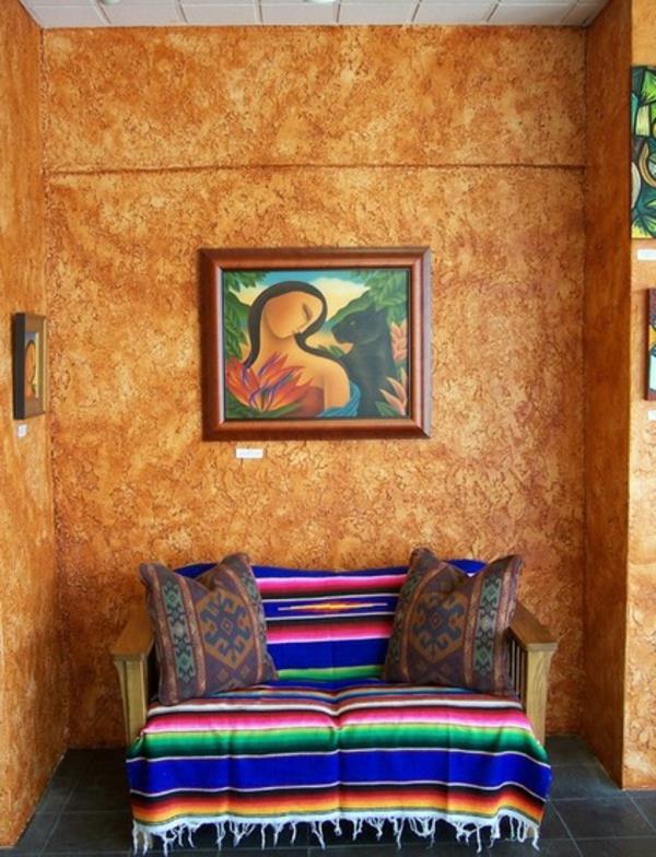 kudottu taideteos Meksikosta värikäs raidallinen päiväpeite