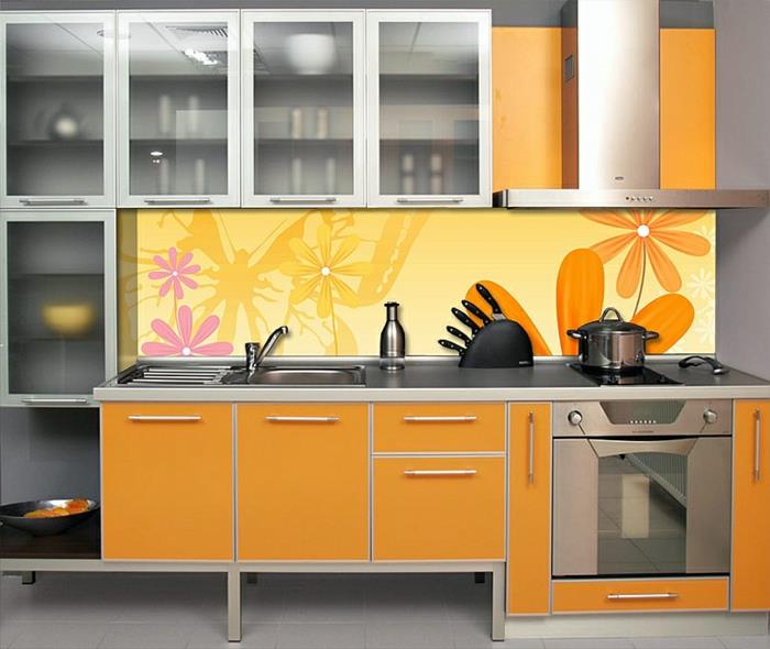 lasi takaseinä keittiö oranssi lasi keittiökaapin ovet eksoottisia