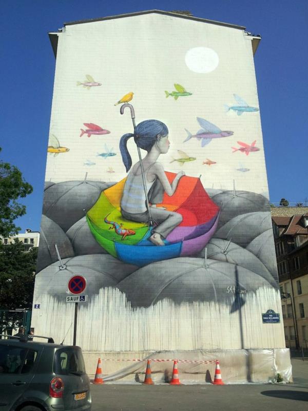graffiti art pariisi ranska tyttö kala