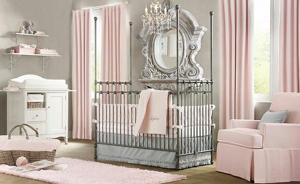 harmaa-vaaleanpunainen sisustusideoita lastenhuoneen vauvan sänky