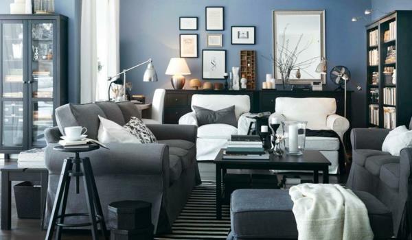 harmaa sininen seinämaali jauhesininen väri suunnittelu olohuone ideoita