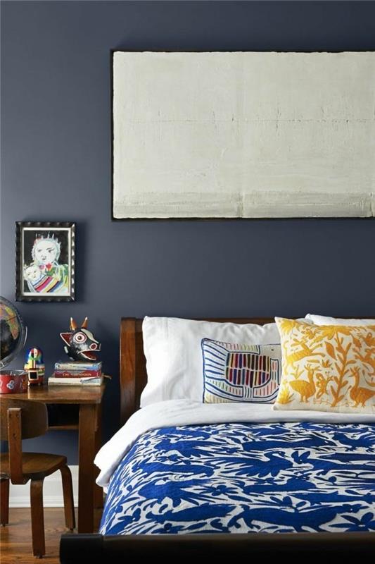 harmaat seinät siniset sävyt makuuhuone