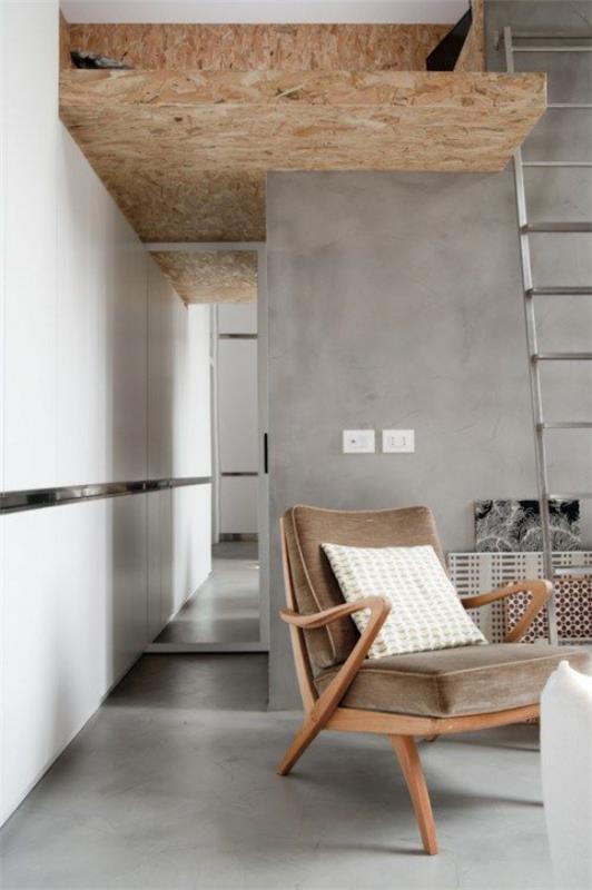 harmaa betonilattia minimalistinen huone puu nojatuoli