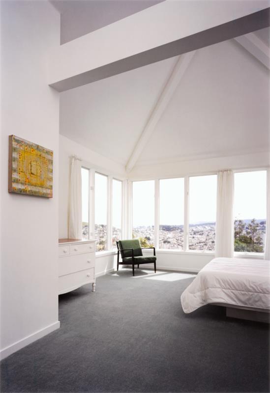 harmaa lattia kodikas makuuhuone kirkas aurinkoinen valkoinen ikkuna harmaa matto